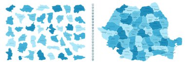 Romanya - ülkenin mavi renkli ayrıntılı haritası, bölgelere bölündü. Bilgi simgeleri. Vektör illüstrasyonu.