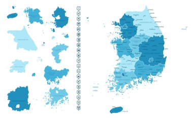 Güney Kore - ülkenin mavi renkli detaylı haritası, bölgelere bölünmüş. Bilgi simgeleri. Vektör illüstrasyonu.