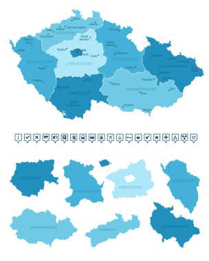 Çek Cumhuriyeti - ülkenin mavi renklerle detaylı haritası, bölgelere bölünmüş. Bilgi simgeleri. Vektör illüstrasyonu.
