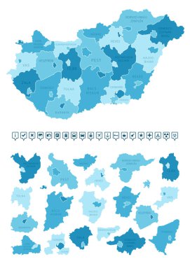 Macaristan - ülkenin mavi renklerle detaylı haritası, bölgelere bölünmüş. Bilgi simgeleri. Vektör illüstrasyonu.