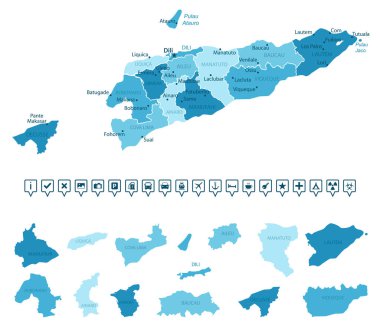 Doğu Timor - ülkenin mavi renkli detaylı haritası, bölgelere bölünmüş. Bilgi simgeleri. Vektör illüstrasyonu.