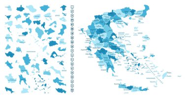 Yunanistan - ülkenin mavi renkli ayrıntılı haritası, bölgelere bölünmüş. Bilgi simgeleri. Vektör illüstrasyonu.