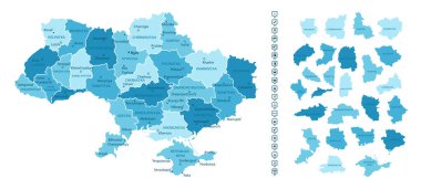 Ukrayna - ülkenin mavi renklerle detaylı haritası, bölgelere bölünmüş. Bilgi simgeleri. Vektör illüstrasyonu.