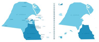 Kuveyt - ülkenin mavi renkli detaylı haritası, bölgelere bölünmüş. Bilgi simgeleri. Vektör illüstrasyonu.