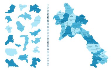 Laos - ülkenin mavi renklerle detaylı haritası, bölgelere bölünmüş. Bilgi simgeleri. Vektör illüstrasyonu.