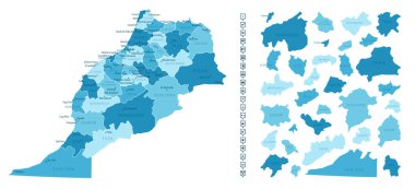 Fas. Bölgeye bölünmüş mavi renklerle ülkenin detaylı haritası. Bilgi simgeleri. Vektör illüstrasyonu.