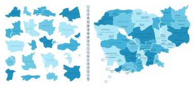 Kamboçya - ülkenin mavi renkli detaylı haritası, bölgelere bölünmüş. Bilgi simgeleri. Vektör illüstrasyonu.