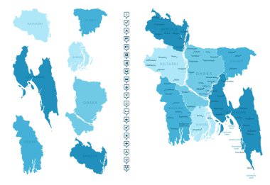 Bangladesh - detailed map of the country in blue colors, divided into regions. Infographic icons. Vector illustration. clipart