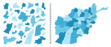 Afganistan - ülkenin mavi renklerle detaylı haritası, bölgelere bölünmüş. Bilgi simgeleri. Vektör illüstrasyonu.