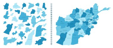 Afghanistan - detailed map of the country in blue colors, divided into regions. Infographic icons. Vector illustration. clipart