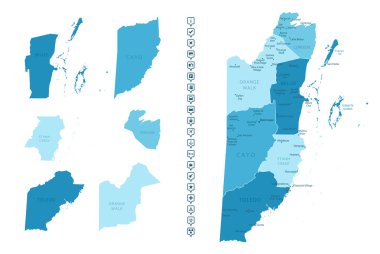 Belize - ülkenin mavi renklerle detaylı haritası, bölgelere bölünmüş. Bilgi simgeleri. Vektör illüstrasyonu.