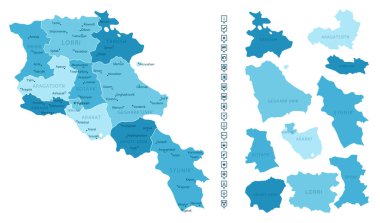 Ermenistan - ülkenin mavi renklerle detaylı haritası, bölgelere bölünmüş. Bilgi simgeleri. Vektör illüstrasyonu.