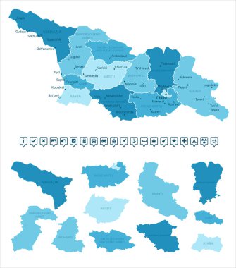 Gürcistan - ülkenin mavi renkli detaylı haritası, bölgelere bölünmüş. Bilgi simgeleri. Vektör illüstrasyonu.