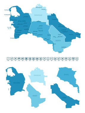 Türkmenistan - mavi renkli ülkenin ayrıntılı haritası, bölgelere bölünmüş. Bilgi simgeleri. Vektör illüstrasyonu.