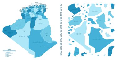 Cezayir - ülkenin mavi renklerle detaylı haritası, bölgelere bölünmüş. Bilgi simgeleri. Vektör illüstrasyonu.