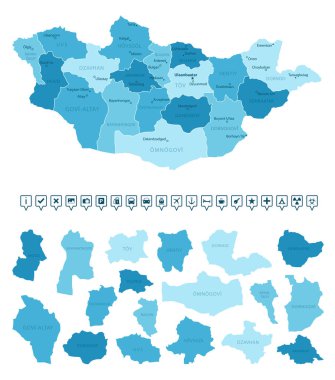 Moğolistan - ülkenin mavi renkli detaylı haritası, bölgelere bölünmüş. Bilgi simgeleri. Vektör illüstrasyonu.
