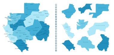 Gabon - ülkenin mavi renkli detaylı haritası, bölgelere bölünmüş. Bilgi simgeleri. Vektör illüstrasyonu.