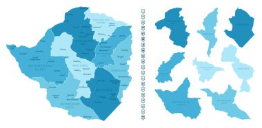 Zimbabve - ülkenin mavi renkli detaylı haritası, bölgelere bölünmüş. Bilgi simgeleri. Vektör illüstrasyonu.