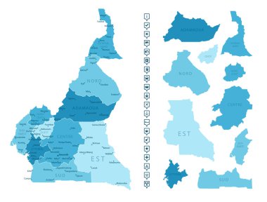 Kamerun - ülkenin mavi renkli detaylı haritası, bölgelere bölünmüş. Bilgi simgeleri. Vektör illüstrasyonu.