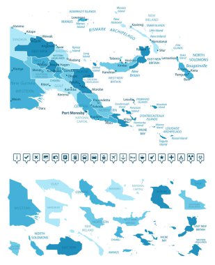 Papua Yeni Gine - mavi renkli ülkenin detaylı haritası, bölgelere bölünmüş. Bilgi simgeleri. Vektör illüstrasyonu.