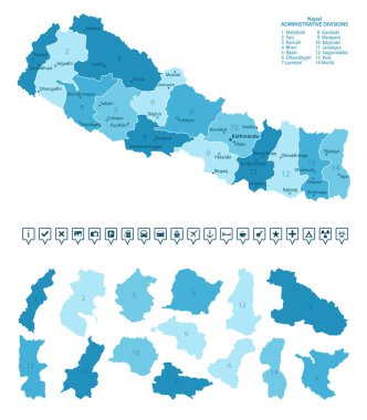Nepal - ülkenin mavi renkli detaylı haritası, bölgelere bölünmüş. Bilgi simgeleri. Vektör illüstrasyonu.