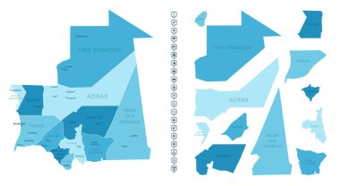 Moritanya - ülkenin mavi renkli detaylı haritası, bölgelere bölünmüş. Bilgi simgeleri. Vektör illüstrasyonu.