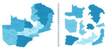 Zambiya - ülkenin mavi renkli detaylı haritası, bölgelere bölünmüş. Bilgi simgeleri. Vektör illüstrasyonu.