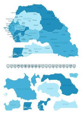 Senegal - ülkenin mavi renklerle detaylı haritası, bölgelere bölünmüş. Bilgi simgeleri. Vektör illüstrasyonu.