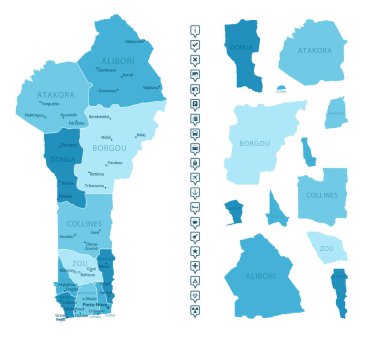 Benin - ülkenin mavi renkli detaylı haritası, bölgelere bölünmüş. Bilgi simgeleri. Vektör illüstrasyonu.