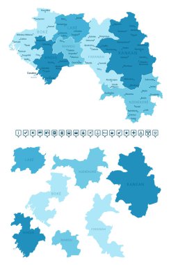 Gine - ülkenin mavi renklerle detaylı haritası, bölgelere bölünmüş. Bilgi simgeleri. Vektör illüstrasyonu.