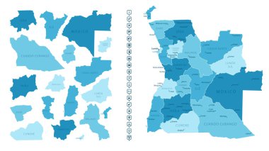Angola - ülkenin mavi renklerle detaylı haritası, bölgelere bölünmüş. Bilgi simgeleri. Vektör illüstrasyonu.