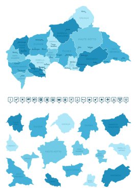 Orta Afrika Cumhuriyeti - ülkenin mavi renklerle detaylı haritası, bölgelere bölünmüş. Bilgi simgeleri. Vektör illüstrasyonu.