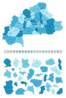 Burkina Faso - ülkenin mavi renkli detaylı haritası, bölgelere bölünmüş. Bilgi simgeleri. Vektör illüstrasyonu.