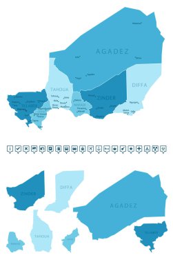 Nijer - ülkenin mavi renkli detaylı haritası, bölgelere bölünmüş. Bilgi simgeleri. Vektör illüstrasyonu.