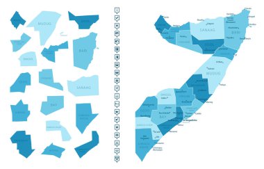 Somali - ülkenin mavi renkli detaylı haritası, bölgelere bölünmüş. Bilgi simgeleri. Vektör illüstrasyonu.