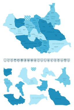 Güney Sudan - ülkenin mavi renkli detaylı haritası, bölgelere bölünmüş. Bilgi simgeleri. Vektör illüstrasyonu.