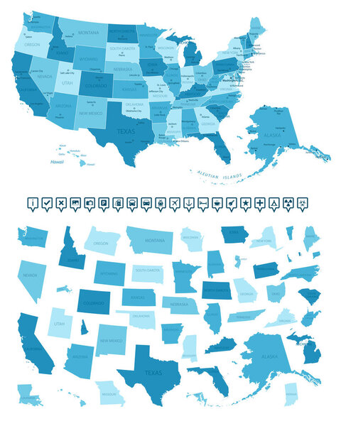 США - детальная карта страны в голубых тонах, разделенная на регионы. Инфографические иконы. Векторная иллюстрация.