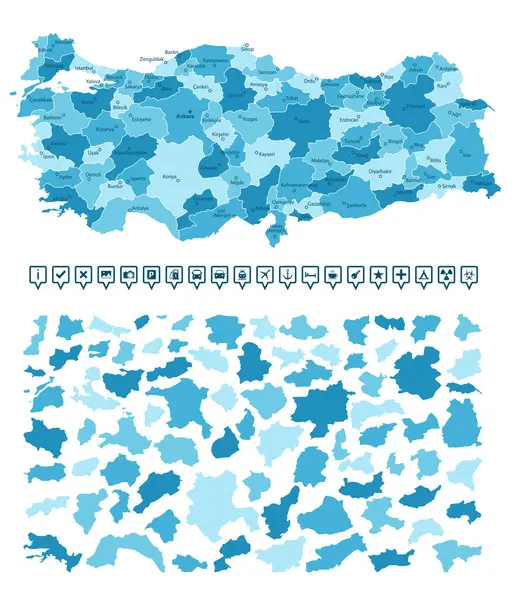 Türkiye - ülkenin mavi renkli ayrıntılı haritası, bölgelere bölünmüş. Bilgi simgeleri. Vektör illüstrasyonu.