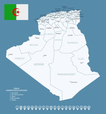 Cezayir - şehirler ve bölgelerle detaylı ülke haritası. Bilgi simgeleri. Vektör illüstrasyonu.