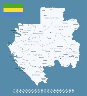 Gabon - şehirler ve bölgelerle detaylı bir ülke haritası. Bilgi simgeleri. Vektör illüstrasyonu.