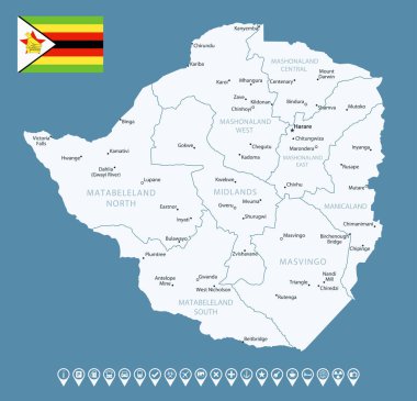 Zimbabwe - şehirlerle ve bölgelerle detaylı bir ülke haritası. Bilgi simgeleri. Vektör illüstrasyonu.