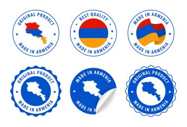 Ermenistan yapımı. Etiketler, pullar, rozetler, Ermenistan haritası ve bayrağı. En iyi kalite Orijinal ürün. Vektör illüstrasyonu