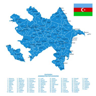 Azerbaycan - şehirlerin ve bölgelerin detaylı mavi ülke haritası. Vektör illüstrasyonu