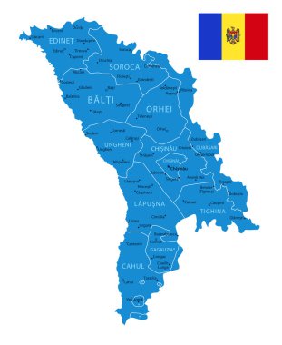 Moldova - detailed blue country map with cities, regions. Vector illustration clipart