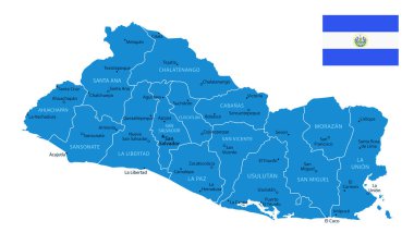 El Salvador - şehirlerin ve bölgelerin detaylı mavi ülke haritası. Vektör illüstrasyonu