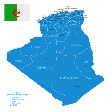 Cezayir - şehirlerle, bölgelerle detaylı bir mavi ülke haritası. Vektör illüstrasyonu