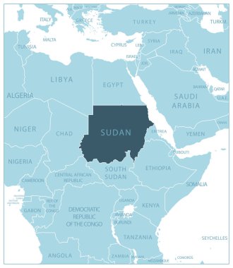 Sudan. Komşu ülkelerin ve isimlerin olduğu mavi harita. Vektör illüstrasyonu