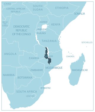 Malawi. Komşu ülkelerin ve isimlerin olduğu mavi harita. Vektör illüstrasyonu