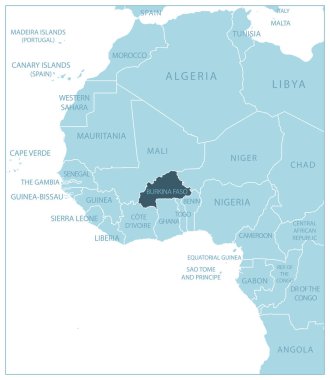 Burkina Faso - mavi harita komşu ülkeler ve isimler. Vektör illüstrasyonu