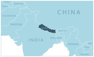 Nepal. Komşu ülkelerin ve isimlerin olduğu mavi harita. Vektör illüstrasyonu
